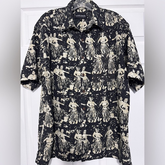 Ocean Pacific Hawaiian Hula Large Shirt Black Button Up Short Sleeves  Pocket - Picture 2 of 7
